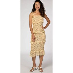 Mable Yellow Floral Print Smocked Bodycon Midi Dress Small